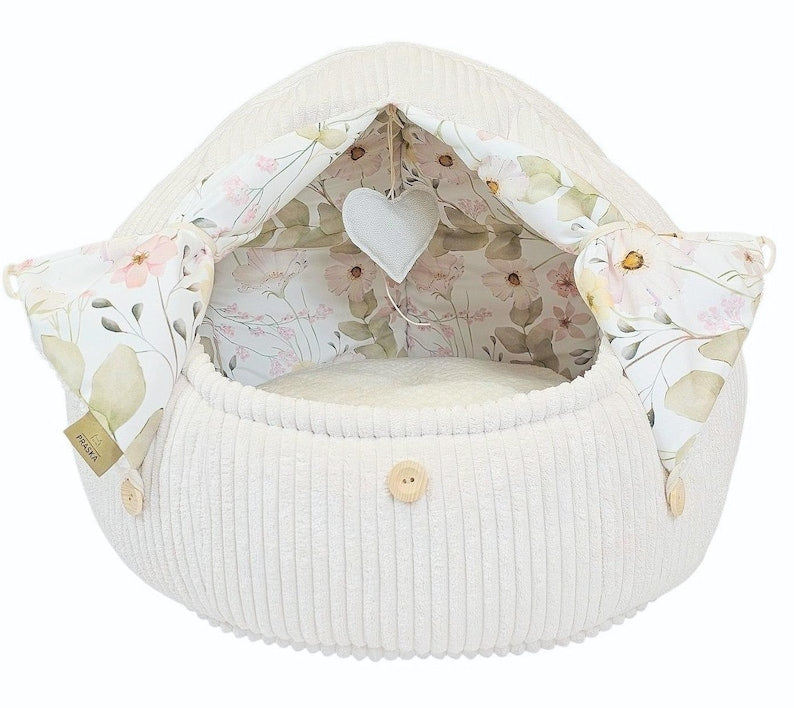 Katzenhöhlenbett mit Knöpfen, waschbares Haustierbett aus Polyester und Kunstfell, 55 cm Höhe, für Katzen und kleine Hunde