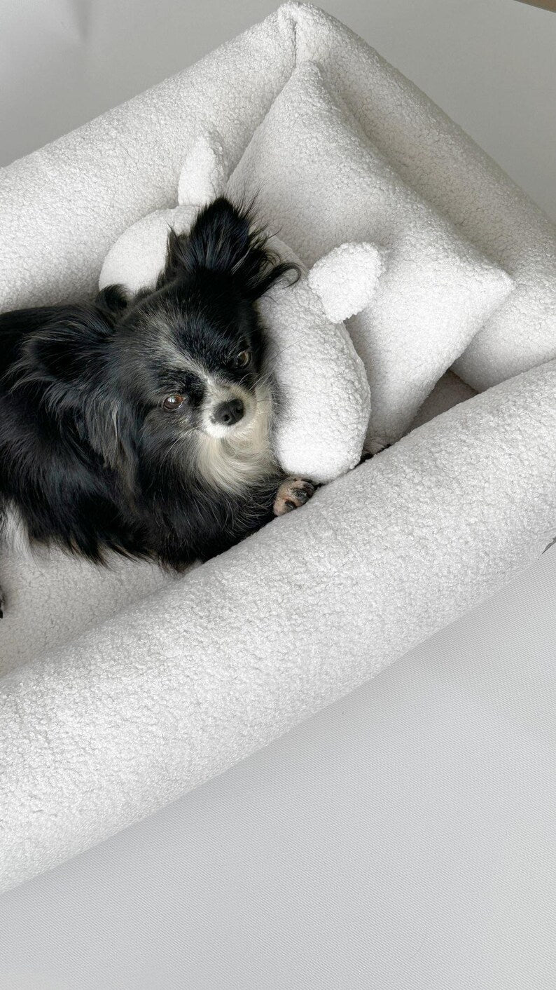 Bouclé-Hundebett in Milchweiß, weiches Teddy-Haustierbett, kuscheliges Sofabett für kleine bis große Hunde