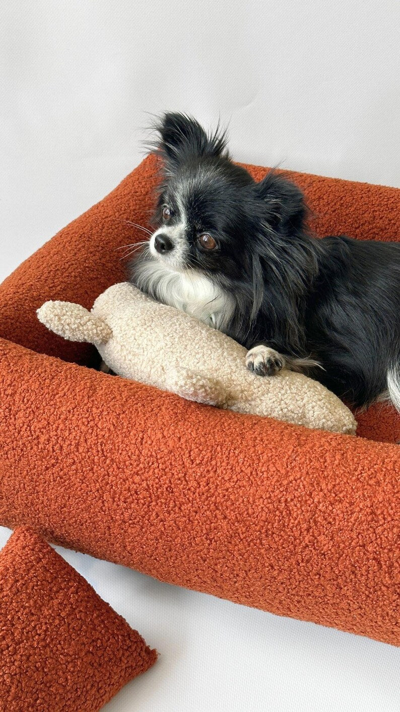 Haustierbett aus Terrakotta-Bouclé, weiches orangefarbenes Hundebett, kuscheliges Teddy-Hundebett für kleine und große Hunde