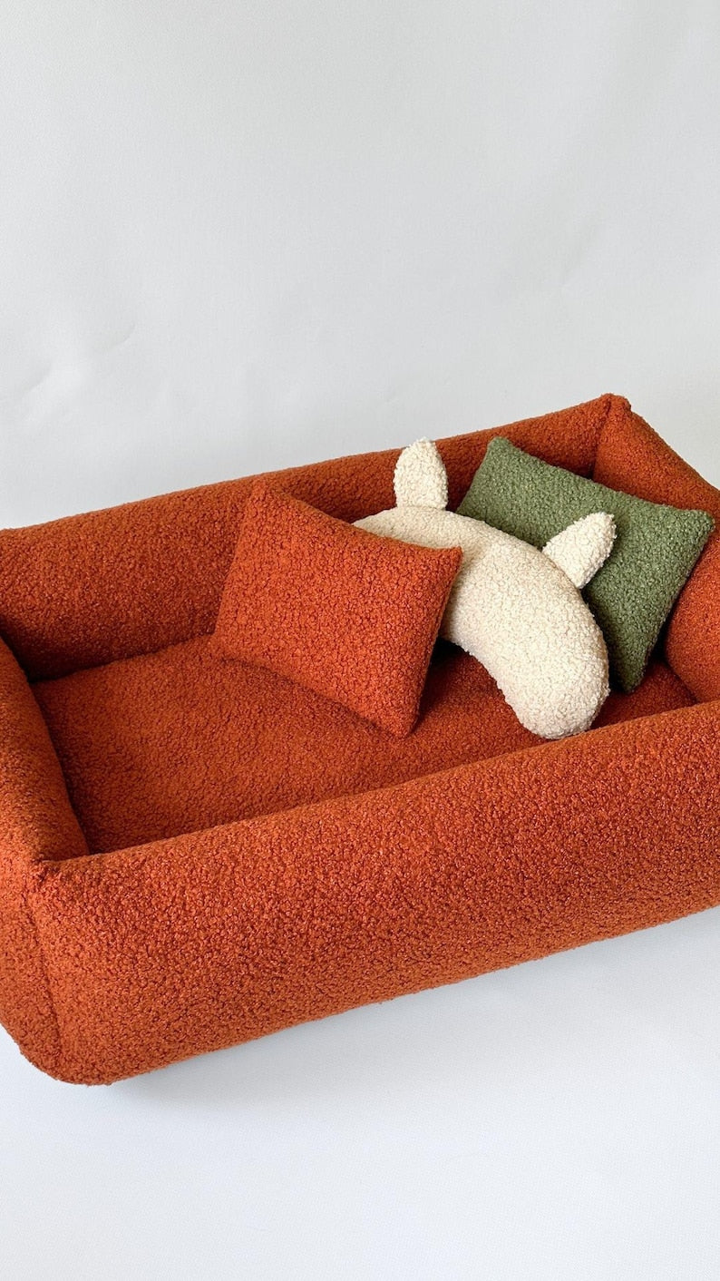 Haustierbett aus Terrakotta-Bouclé, weiches orangefarbenes Hundebett, kuscheliges Teddy-Hundebett für kleine und große Hunde