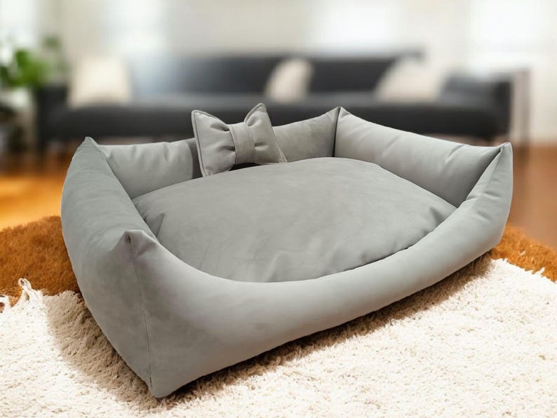 Samt-Haustierbett mit dekorativer Schleife – Hunde- und Katzenbett, weich, rutschfest