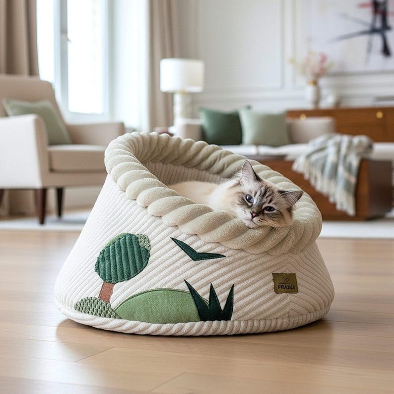 Premium Katzenbett Waldmotiv Handgefertigt mit Kissen 50 cm für Katzen und kleine Hunde