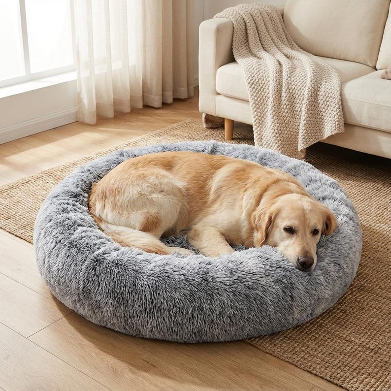 Beruhigendes Donut-Haustierbett aus Plüsch – Rundes Hunde- & Katzenbett mit erhöhtem Rand, weiche Füllung, Gelenkentlastung