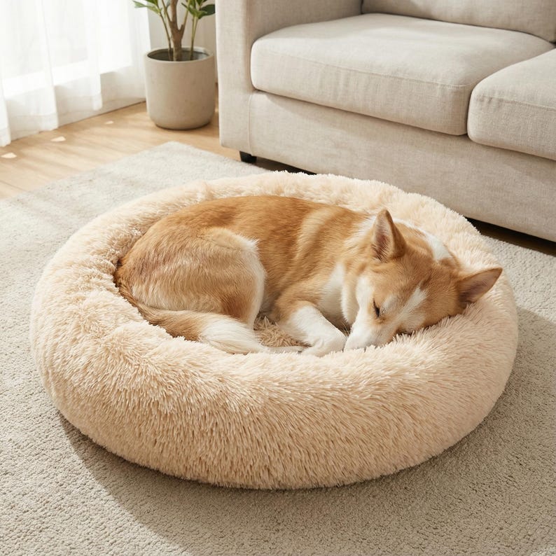 Beruhigendes Donut-Haustierbett aus Plüsch – Rundes Hunde- & Katzenbett mit erhöhtem Rand, weiche Füllung, Gelenkentlastung