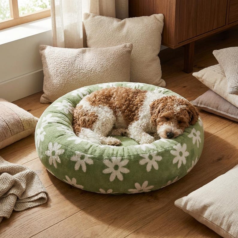 Rundes, waschbares Hundebett, beruhigende Donutform, weicher Plüsch, rutschfest