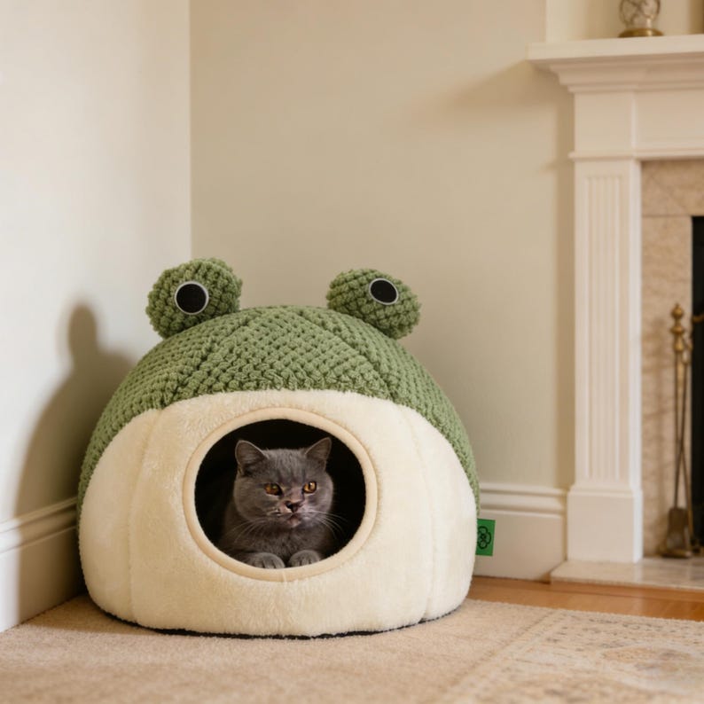 Froschförmiges Halbgeschlossenes Katzenbett Große Größe Plüsch Haustiernest 40x40x37 cm