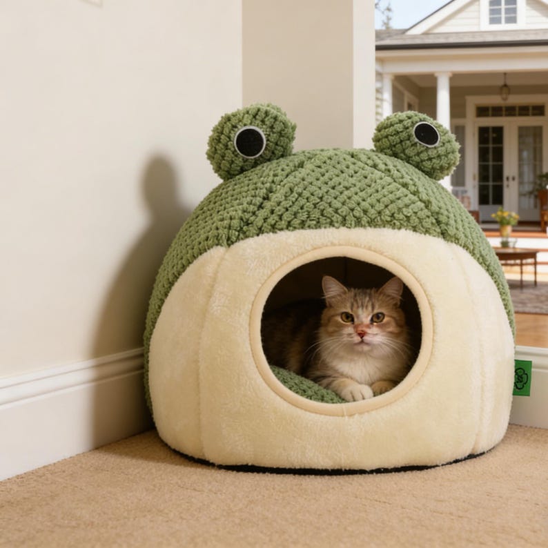 Froschförmiges Halbgeschlossenes Katzenbett Große Größe Plüsch Haustiernest 40x40x37 cm