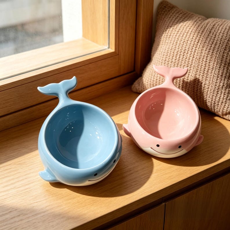 Keramik Katzenschüssel mit Wal-Design, erhöht, schräg, blau-rosa, auslaufsicher
