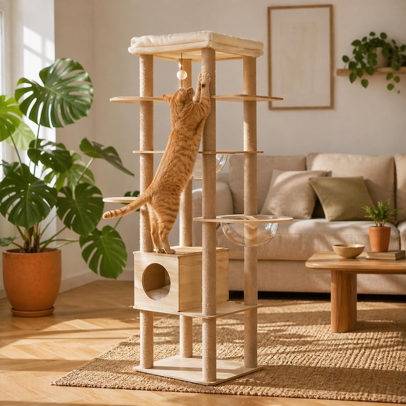 Moderner Kratzbaum aus Holz mit Acryl-Schalen für große Katzen - Katzenturm mit Sitzstange, Höhle und Kratzstämmen