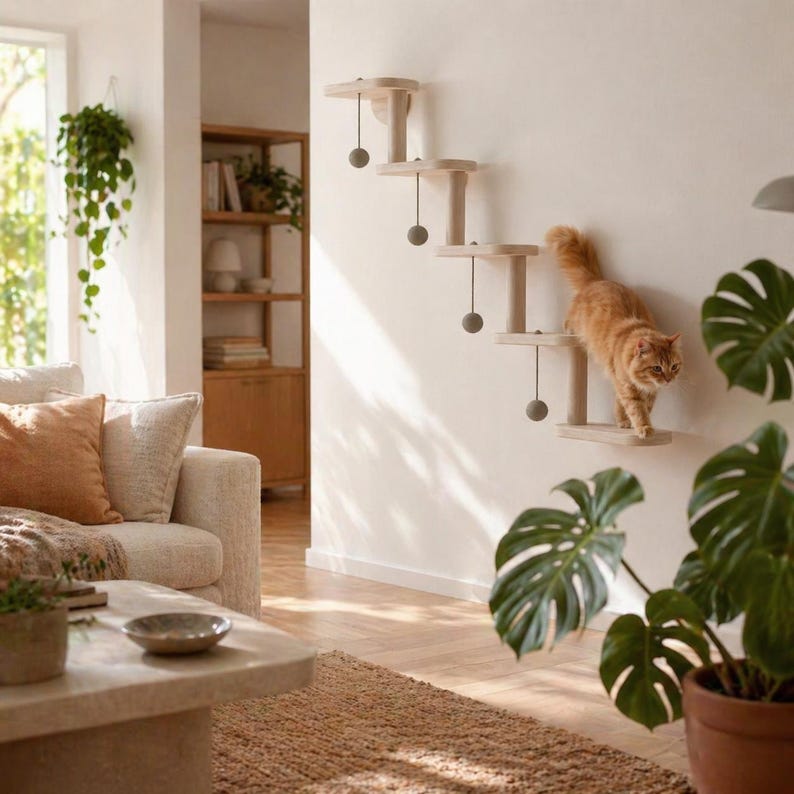 Wall Mounted Cat Ladder with 5 Steps | Wooden Cat Wall Shelves Climbing Frame | Modern Cat Furniture for Indoor Cats