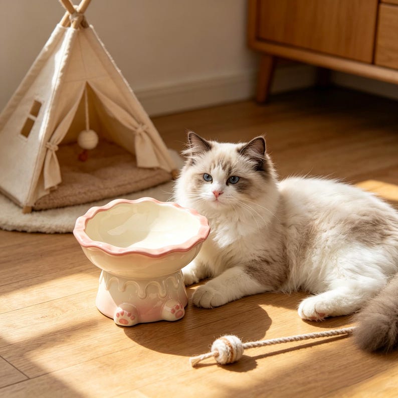 Erhöhter Keramik-Katzennapf mit Pfotenabdruck, rutschfest, Schnurrhaar-freundlich, 16 cm, für Katzen und kleine Hunde
