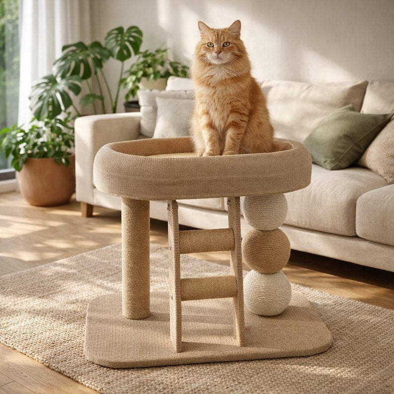 Kleiner Kratzbaum-Turm mit Wohnung & Sitzstange für Katzen - Moderne Katzenmöbel für Indoor-Katzen