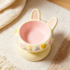 Keramik Erhöhte Katzenschüssel, Hasenohr Design, Pastell Gelb Rosa, Schräge Breite Öffnung, Nackenschutz, 200ml
