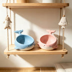 Keramik Katzenschüssel mit Wal-Design, erhöht, schräg, blau-rosa, auslaufsicher