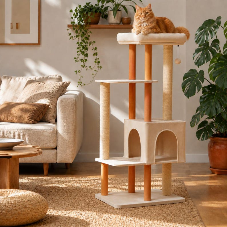 53" Modern Wooden Cat Tree Multi-Level Cat Tower with Scratching Posts for Indoor Cats