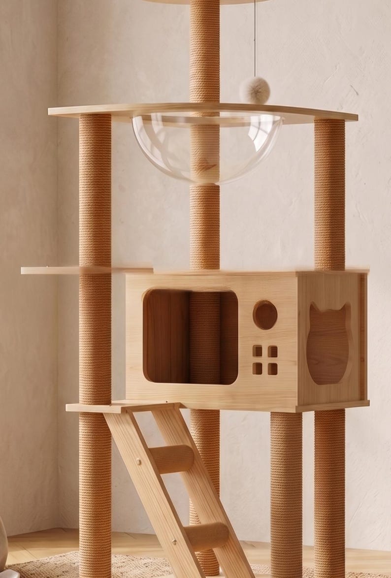 Mehrstöckiger Katzenbaum mit transparenter Beobachtungskuppel, Leiter und Versteckbox, 120 cm