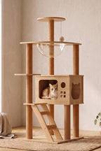 Mehrstöckiger Katzenbaum mit transparenter Beobachtungskuppel, Leiter und Versteckbox, 120 cm