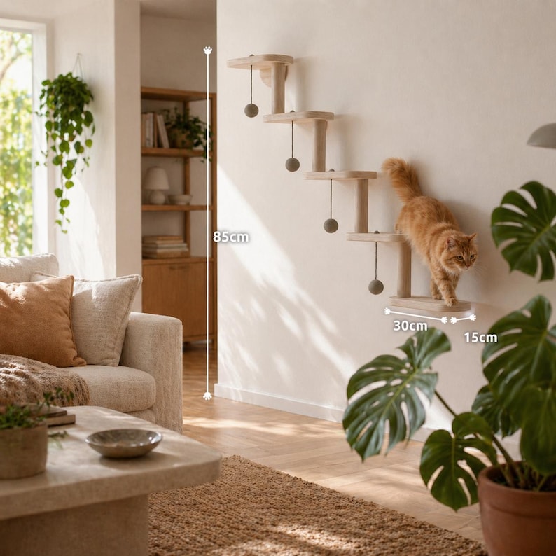 Wall Mounted Cat Ladder with 5 Steps | Wooden Cat Wall Shelves Climbing Frame | Modern Cat Furniture for Indoor Cats