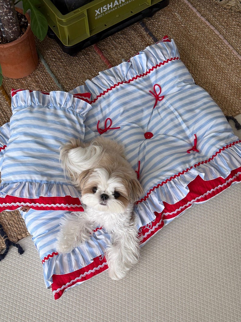 Blau Weiß Streifen Haustier Bett Set mit Kissen, Handgemacht, Rüschen Matte, Marine Stil, für Kleine bis Mittelgroße Hunde und Katzen