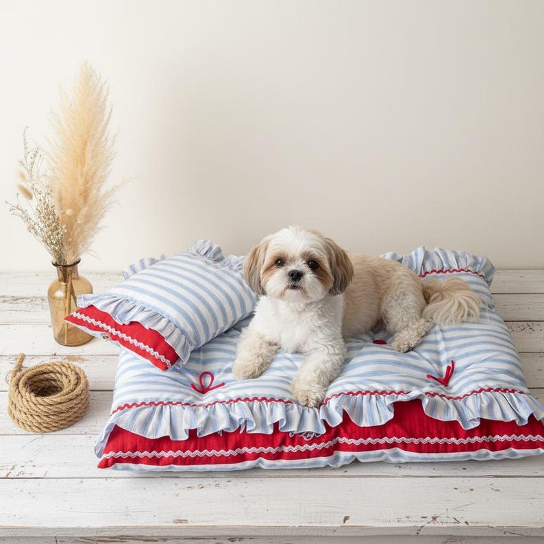 Blau Weiß Streifen Haustier Bett Set mit Kissen, Handgemacht, Rüschen Matte, Marine Stil, für Kleine bis Mittelgroße Hunde und Katzen
