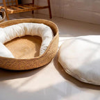 Runder Weidenkorb für Haustiere, 3 Größen, Boho-Bett für Katzen und kleine Hunde mit Kissen, Haustiernest, Naturrattan, rutschfeste Haustiermatratze
