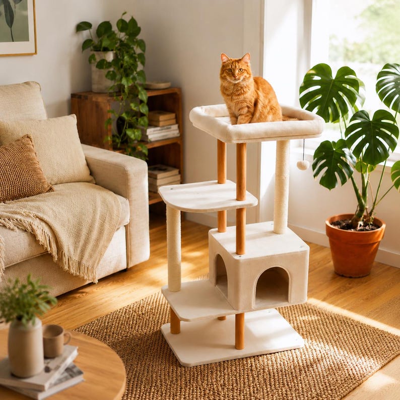 53" Modern Wooden Cat Tree Multi-Level Cat Tower with Scratching Posts for Indoor Cats