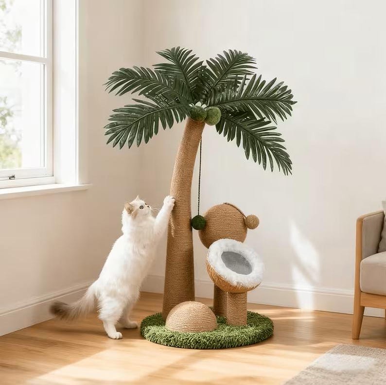 Katzenkratzbaum, Palmen-Design mit Sisalstamm und Spielzeug, 40x40x72 cm, für kleine bis mittelgroße Katzen