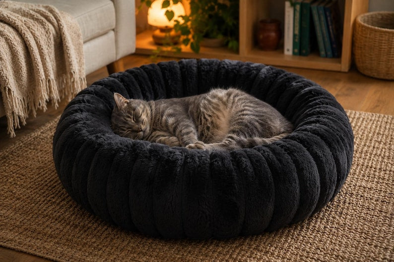 Beruhigendes Donut-Katzenbett, flauschiges rundes Haustierbett, Katzenhöhle, weiches Kätzchenbett, 40-90 cm