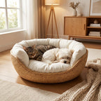 Runder Weidenkorb für Haustiere, 3 Größen, Boho-Bett für Katzen und kleine Hunde mit Kissen, Haustiernest, Naturrattan, rutschfeste Haustiermatratze