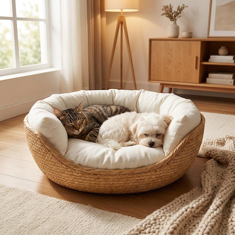 Runder Weidenkorb für Haustiere, 3 Größen, Boho-Bett für Katzen und kleine Hunde mit Kissen, Haustiernest, Naturrattan, rutschfeste Haustiermatratze