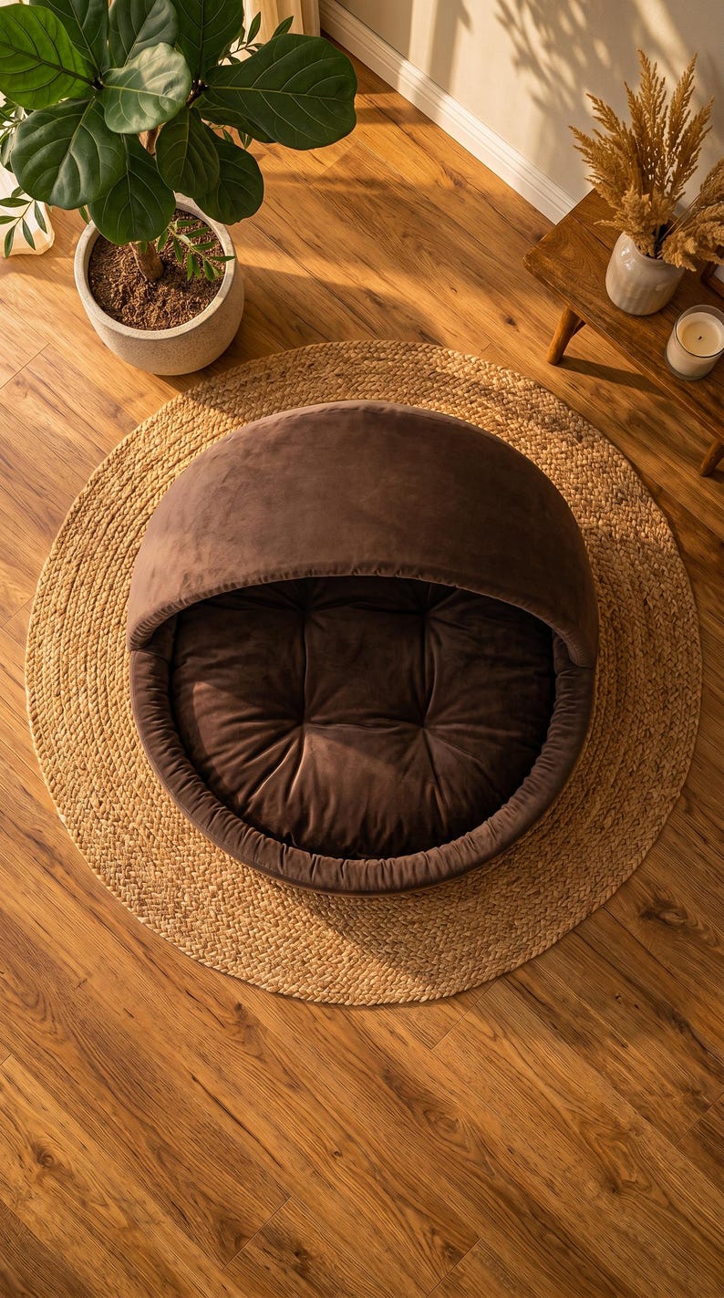 Braunes Samt-Haustierbett mit Kapuze, Höhlenbett für Katzen und Hunde, Plüsch-Sofa-Nest