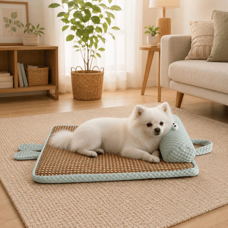 Rattan-Haustiermatte atmungsaktives Kühlbett mit Kissen für Katzen und Hunde