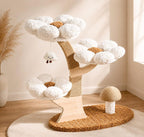 Blumenkratzbaum, Holzturm mit Jutekratzflächen und weichen Betten, 72–90 cm Höhe, Weiß oder Pink