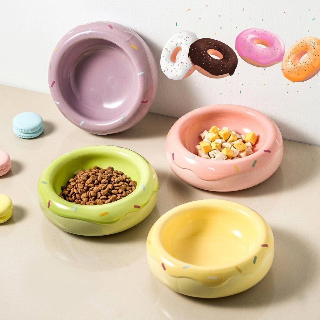 Erhöhter Keramik Fressnapf für Hunde und Katzen, Donut Design, mit abnehmbaren Schalen, 240 ml Futternapf + 240 ml Wasserschale, in Pink, Lila, Gelb